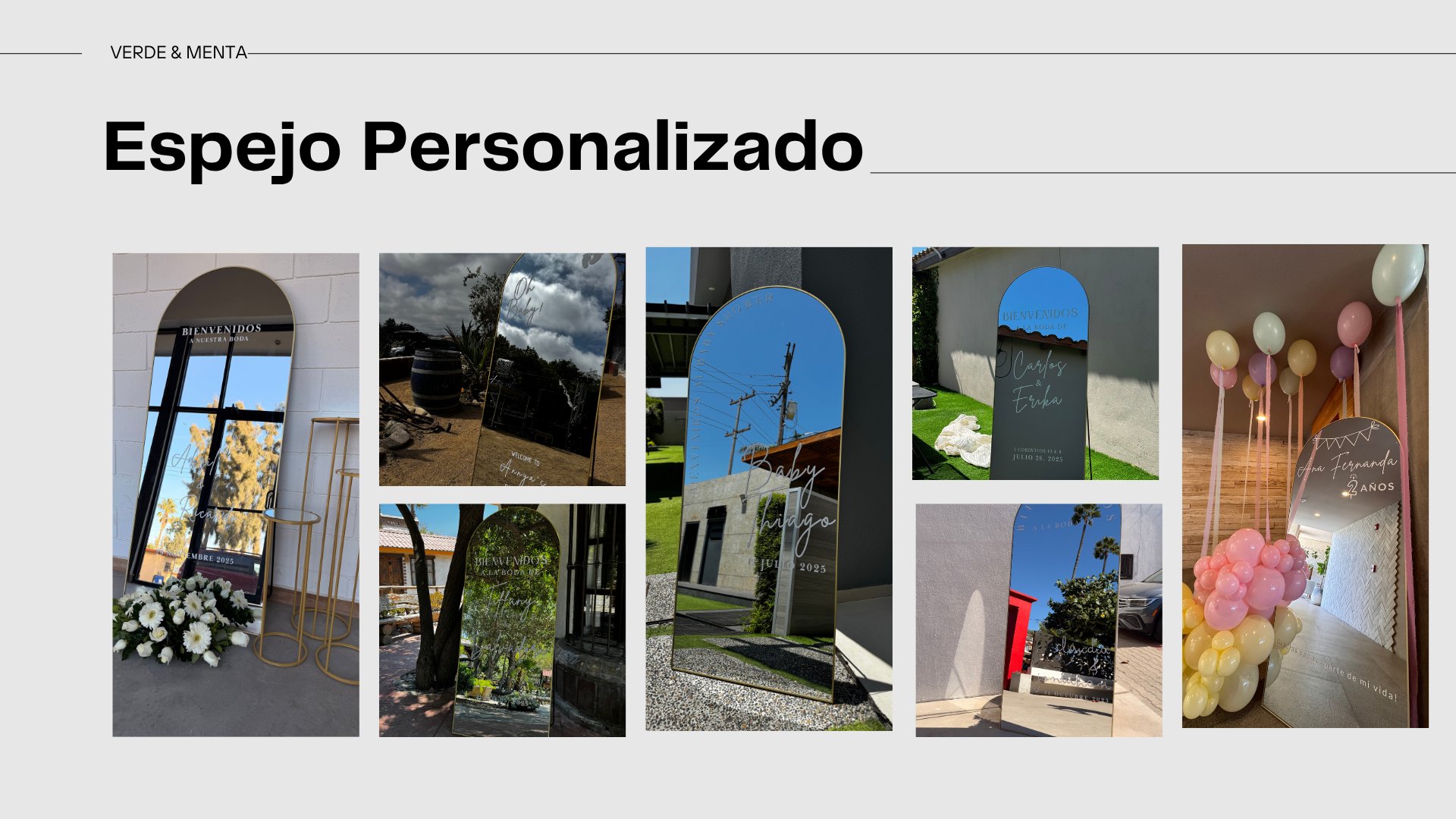 Collage de Espejos Personalizados de Verde y Menta Eventos en bodas, baby showers y XV años