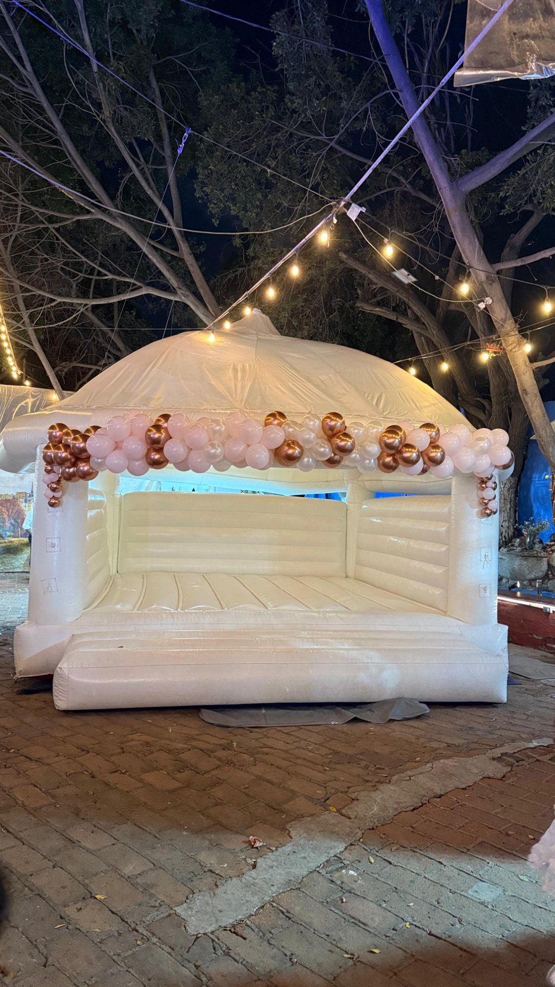 Brincolin Blanco Elegante iluminado de noche con globos rose gold en evento