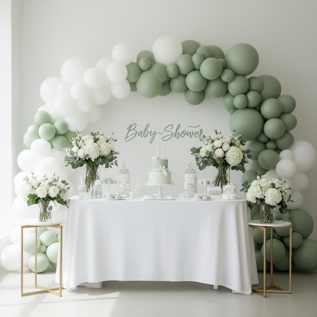 Decoración de baby shower organizado por Verde y Menta Eventos con elementos sage green y globos